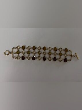 Gold-Tone Multi-Stone Dangle Bracelet in Olive and Garnet